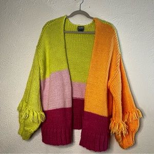 Colorful Patchwork Open Cardigan with Tassel Sleeves